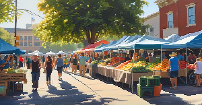 A lively farmers market in Sacramento with colorful stalls and people shopping for fresh produce.