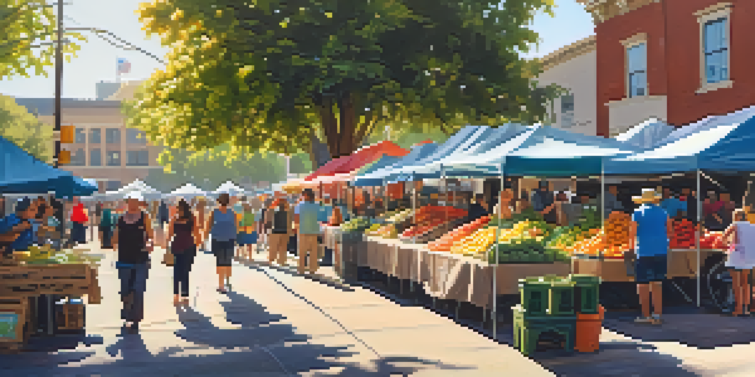 A lively farmers market in Sacramento with colorful stalls and people shopping for fresh produce.