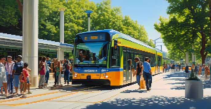 A busy public transit hub in Sacramento featuring electric buses and light rail, with diverse people and greenery.