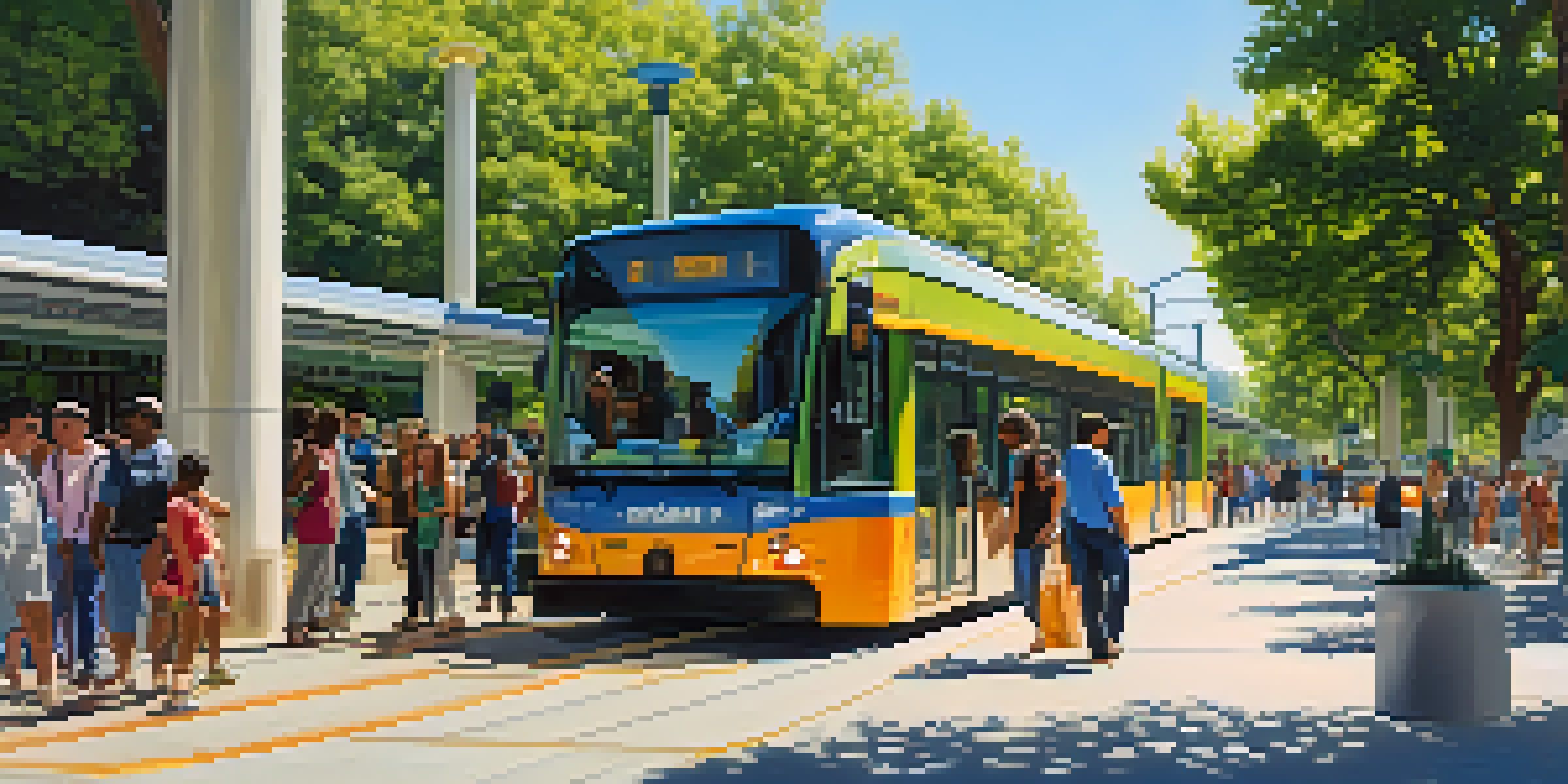 A busy public transit hub in Sacramento featuring electric buses and light rail, with diverse people and greenery.