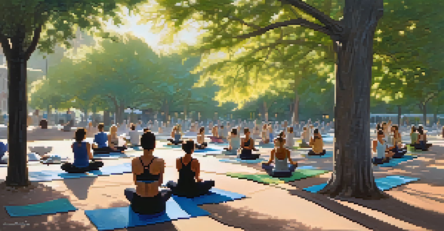Participants practicing yoga in a quiet park under shady trees during early morning.