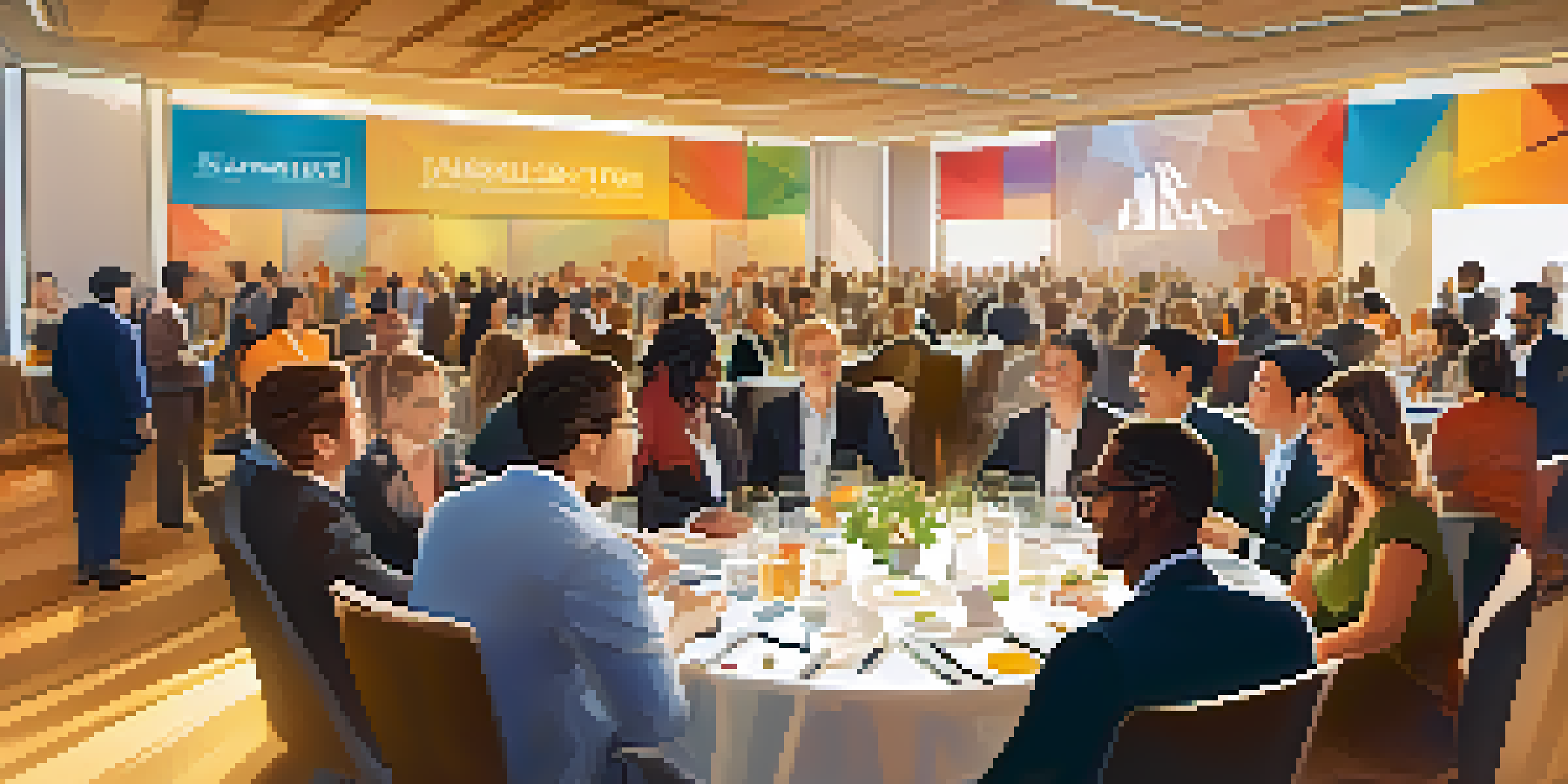 A lively networking event with diverse entrepreneurs in a modern conference hall, engaging in discussions at elegantly set tables under warm golden lighting.