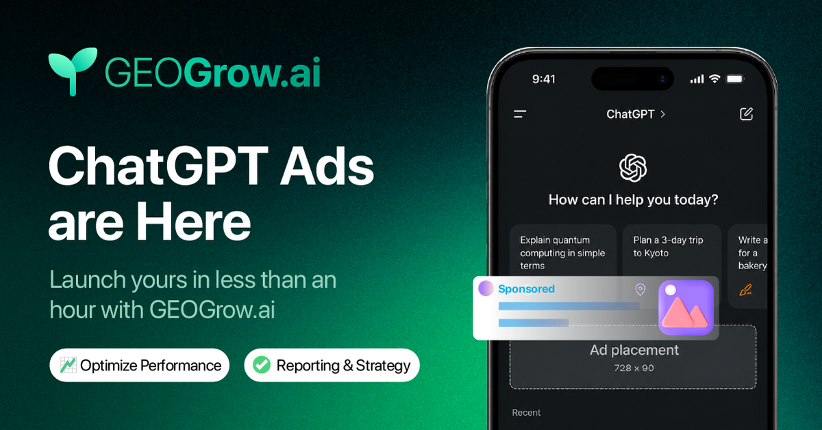 GEOGrow AI Ad Engine showing prompt intelligence, ad variations, landing page matching, and optimization data