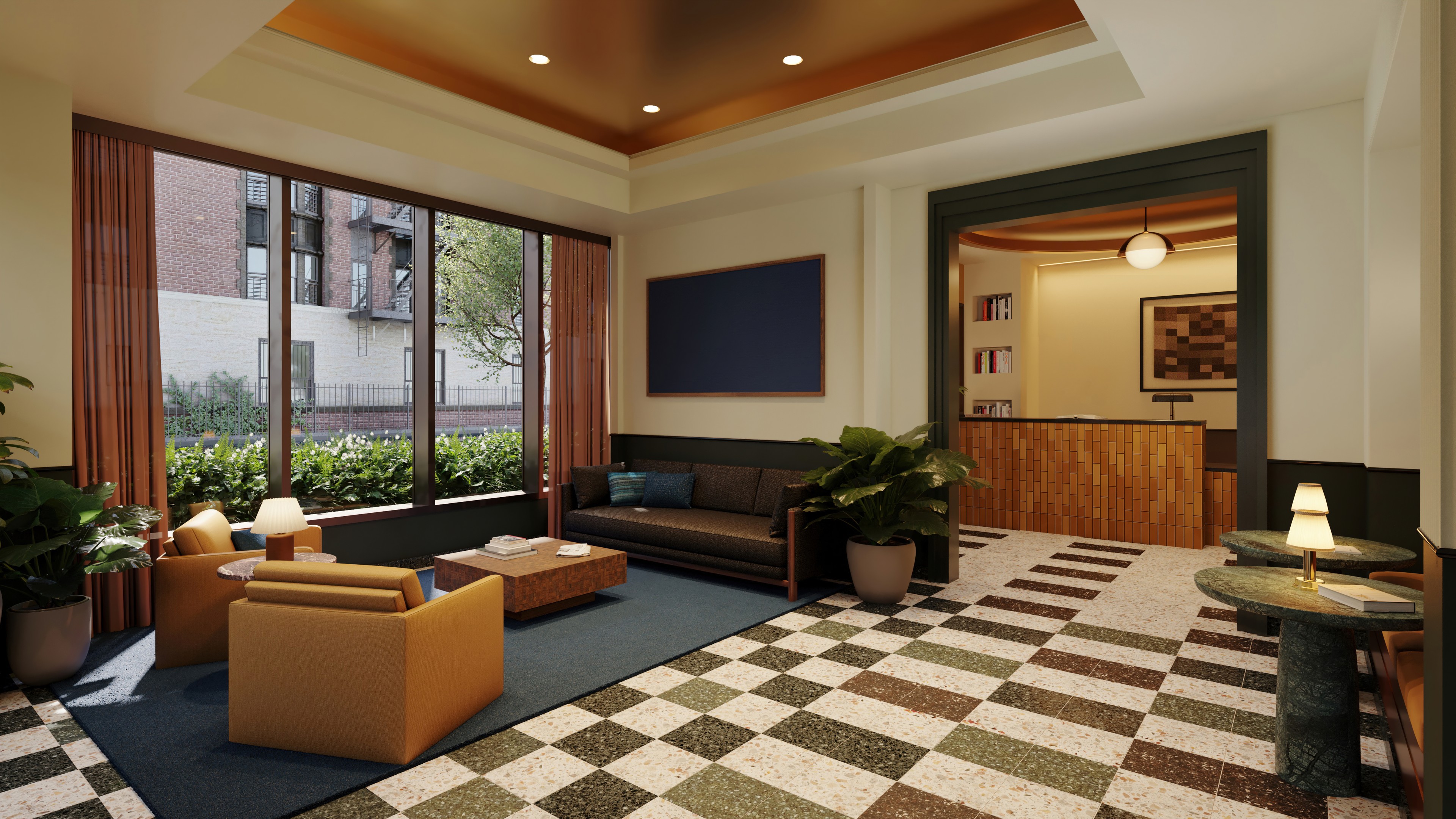 Interior view of luxury apartment building 24 hour attended lobby with plants, a front desk, and comfortable seating area.