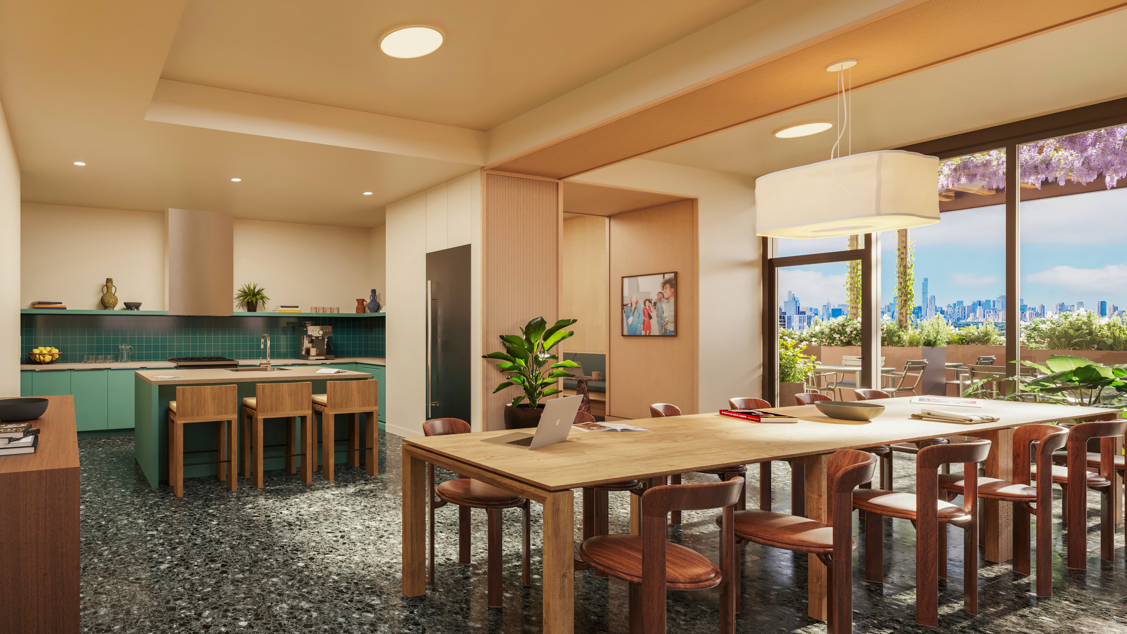 Ray Harlem's communal kitchen and rooftop lounge, with a large dining area and modern kitchen joining an outdoor terrace.