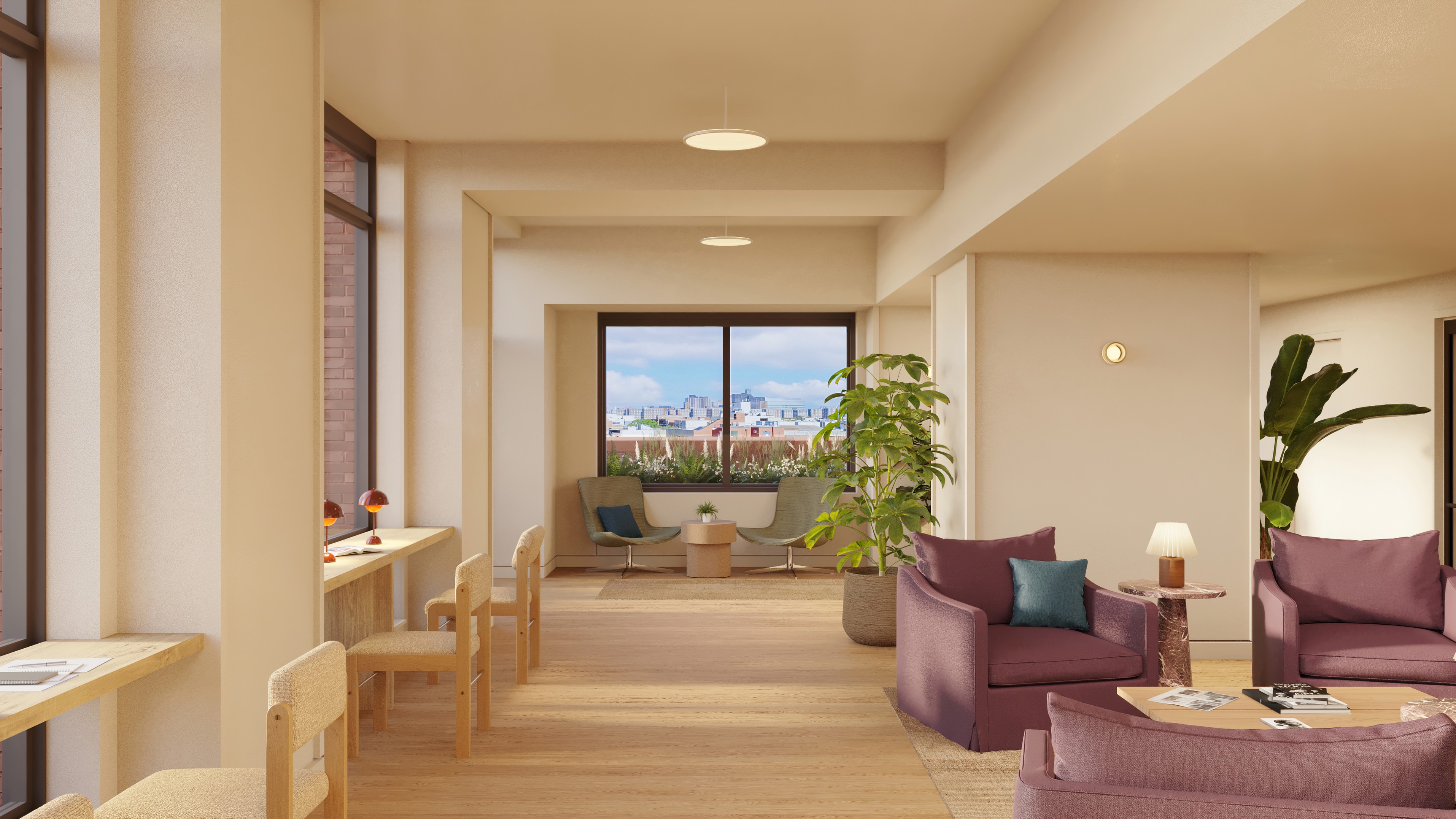 A modern coworking center with private desks, lounge seating, meeting nooks, plants, and New York City views.