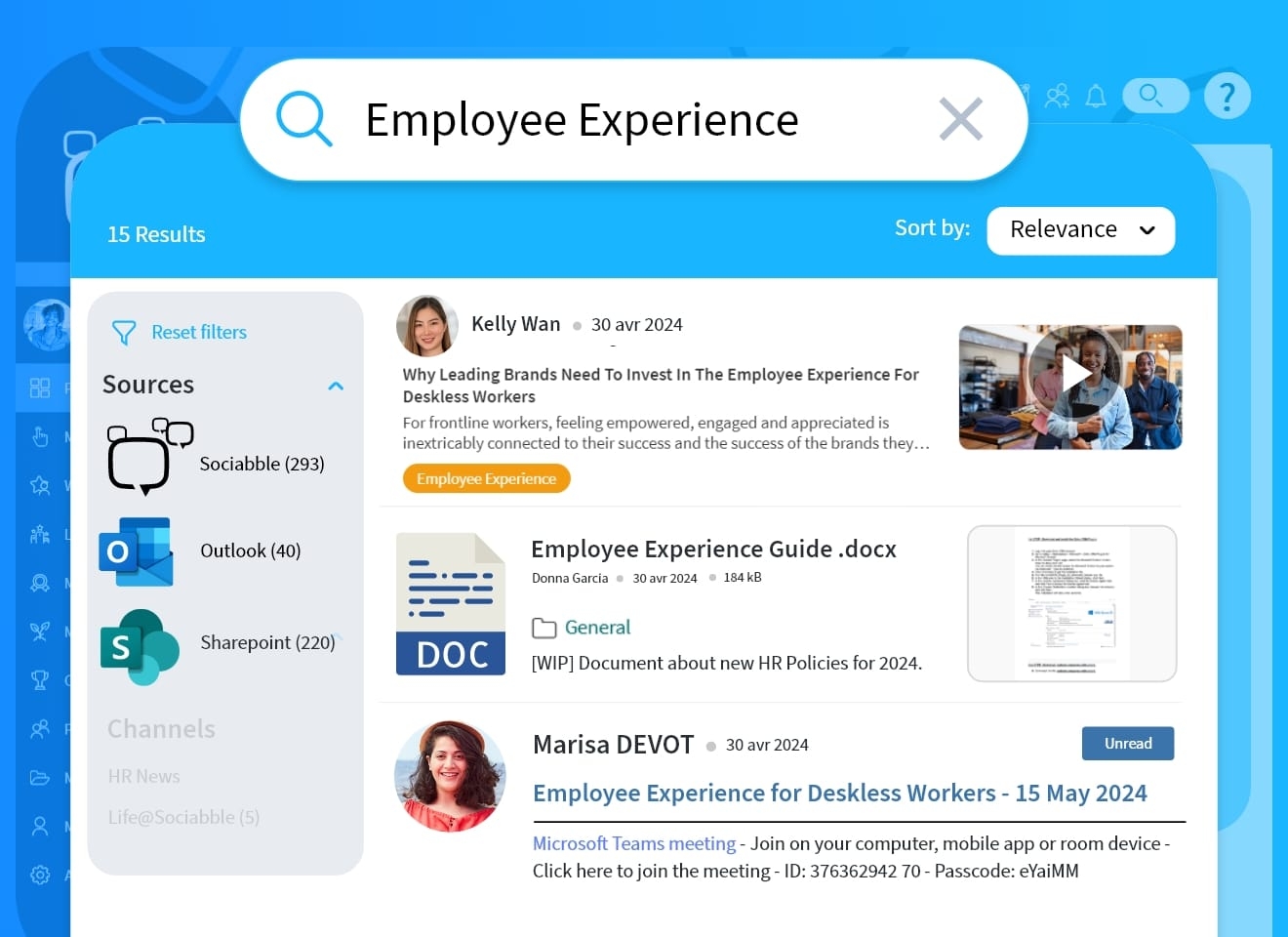 Screenshot of Sociabble's modern intranet search bar