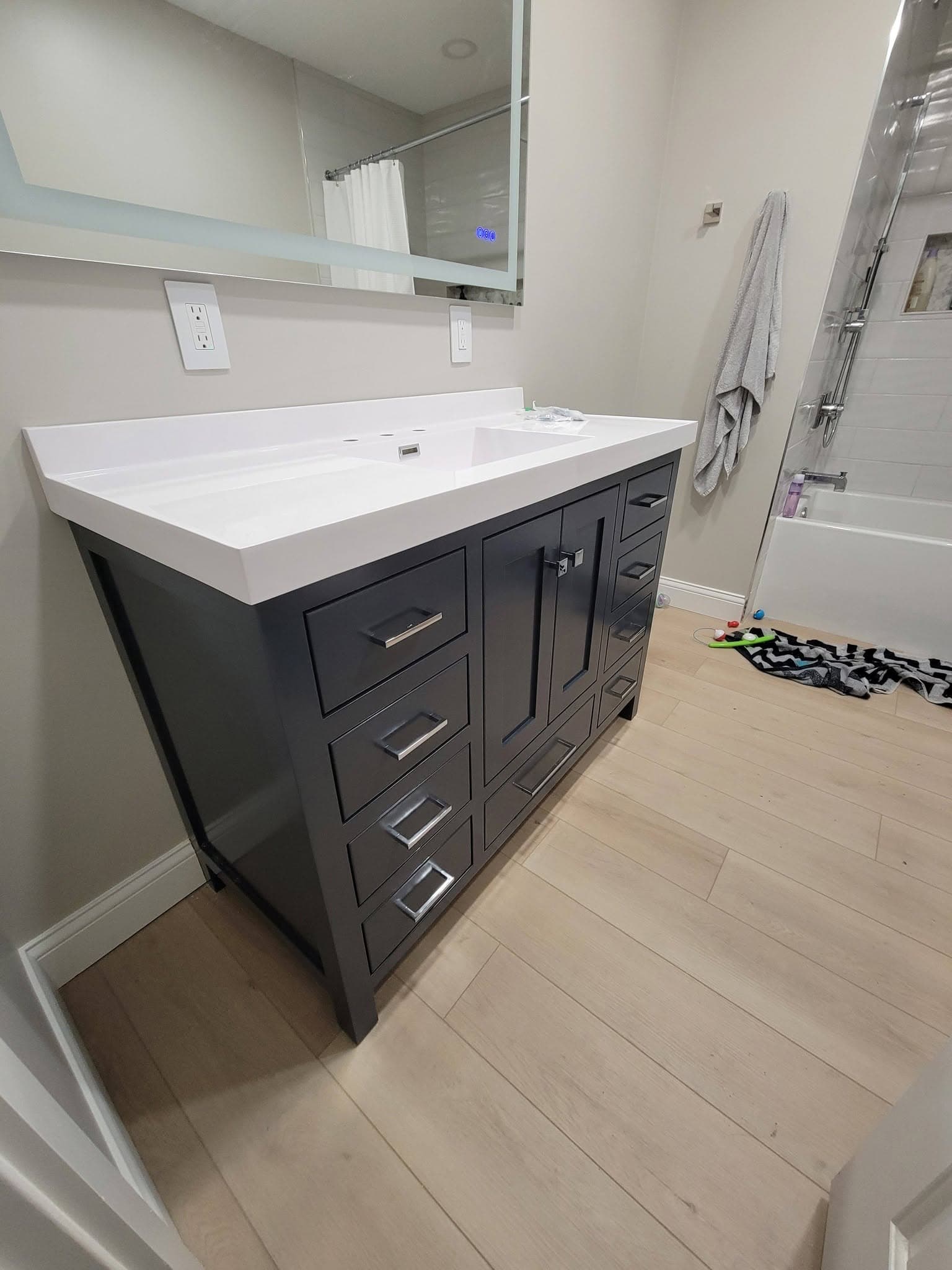 Charcoal bathroom vanity with trough sink