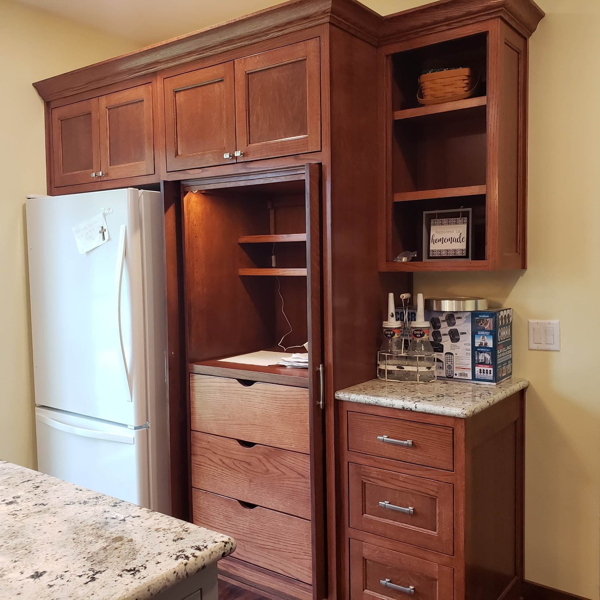 Cherry refrigerator surround with hutch, glass doors and open shelves