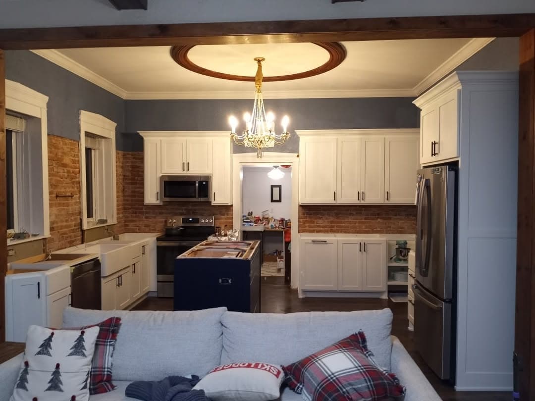Custom island storage with pull-out wooden tray