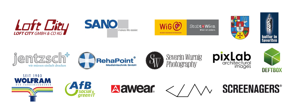 Logos: Loft City, SANO, WiG Wiener Gesundheitsförderung, Stadt Wien, Bezirk Favoriten, Kultur in Favoriten, Jentzsch, RehaPoint, Severin Wurnig Photography, pixLab, Deftbox, Wolfram, AfB social & green IT, awear, Screenagers
