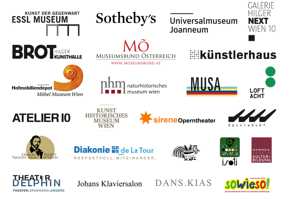 Logos: Essl Museum, Sotheby’s, Universalmuseum Joanneum, Galerie Hilger Next, Brot Kunsthalle, Museumsbund Österreich, Künstlerhaus, Hofmobiliendepot, Naturhistorisches Museum Wien, MUSA, Loft Acht, Atelier 10, Kunsthistorisches Museum Wien, sirene Operntheater, das Viadukt, Charles Valentin Alkan Society of Vienna, Diakonie de La Tour, isoli, Ich bin O.K., Theater Delphin, Johans Klaviersalon, Dans.Kias, Sowieso