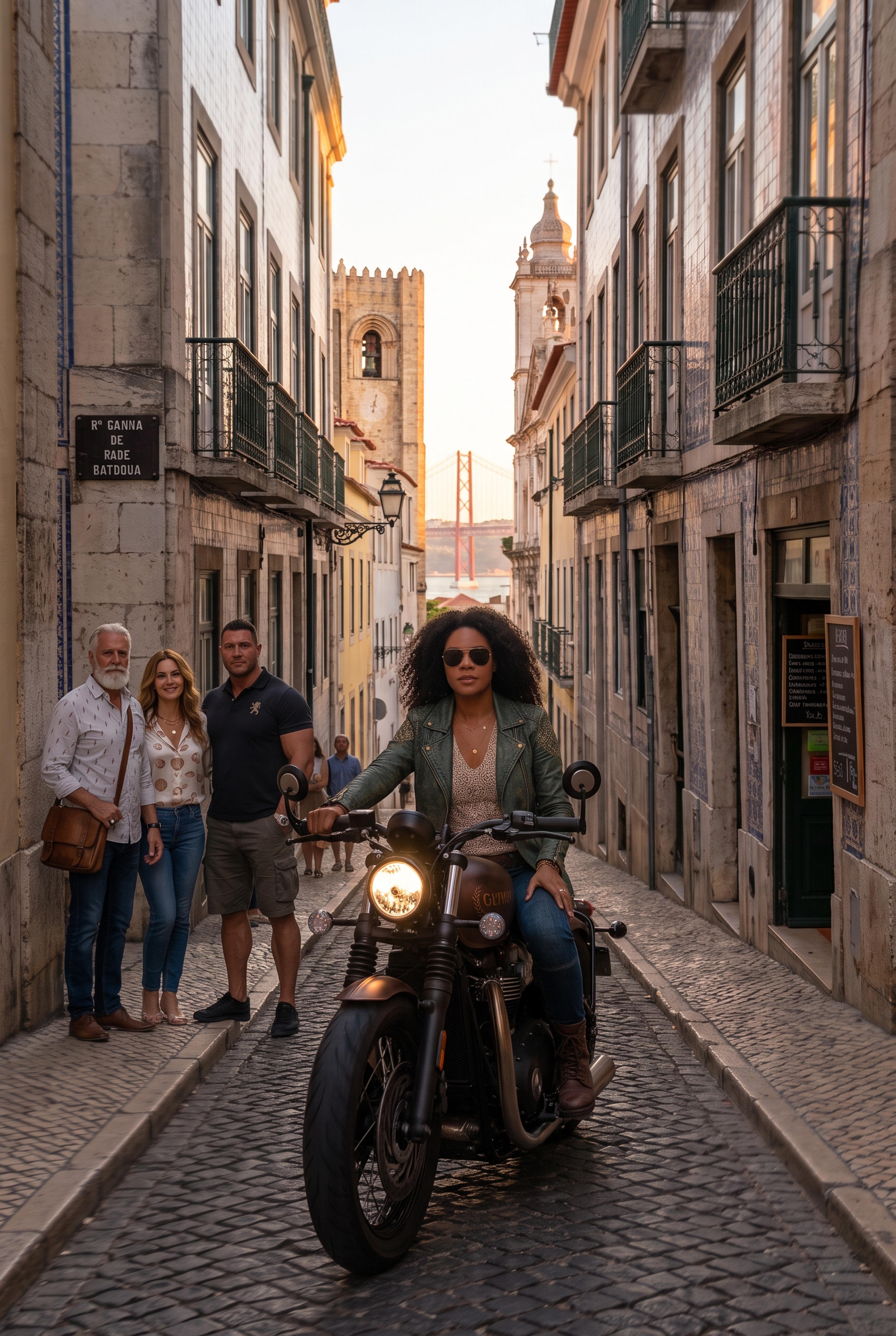 Athene auf Motorrad in Lissabon [Ki generiert]