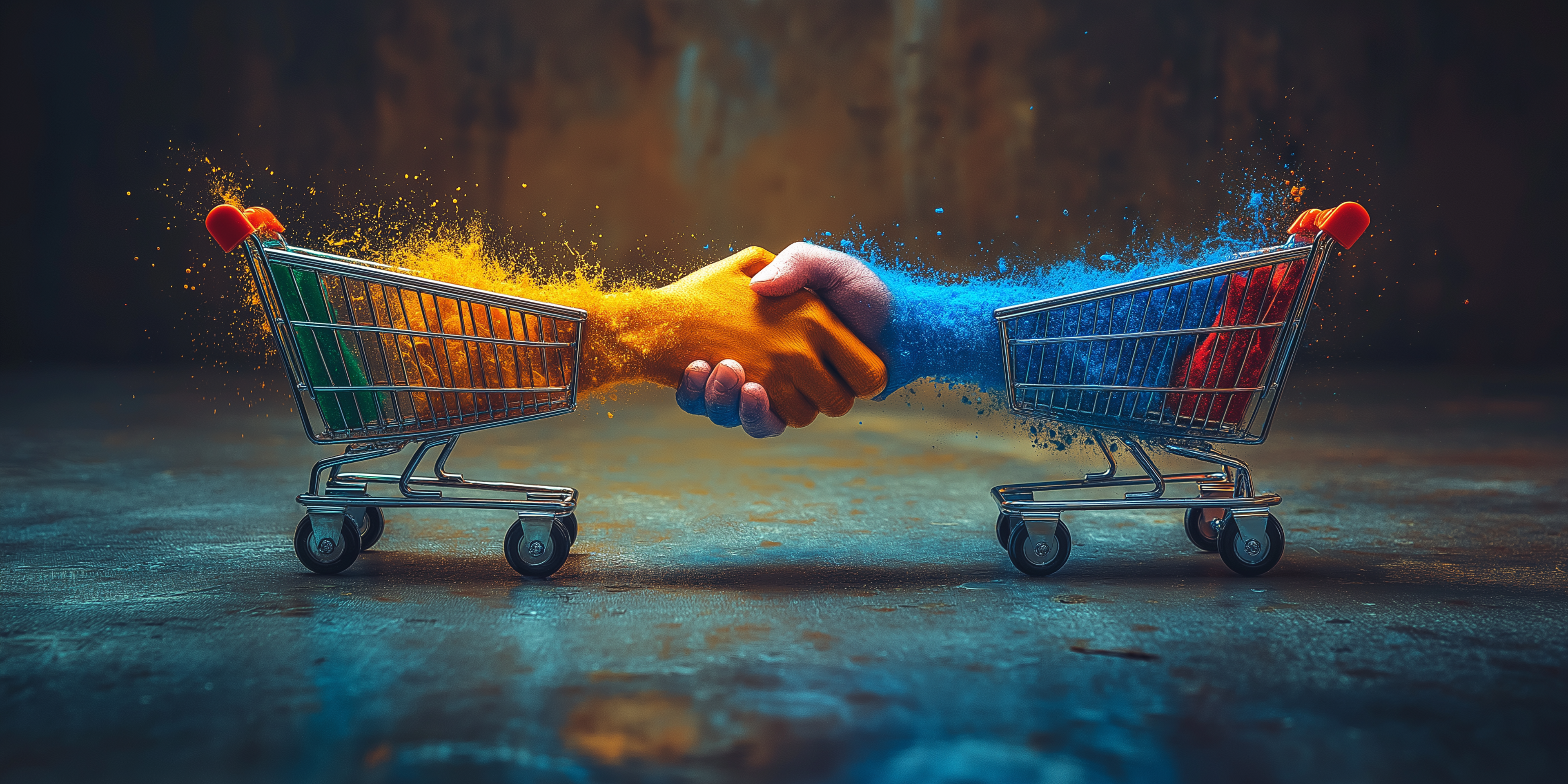 Two shopping carts with a colored handshake in the middle that creates yellow and blue splashes of paint