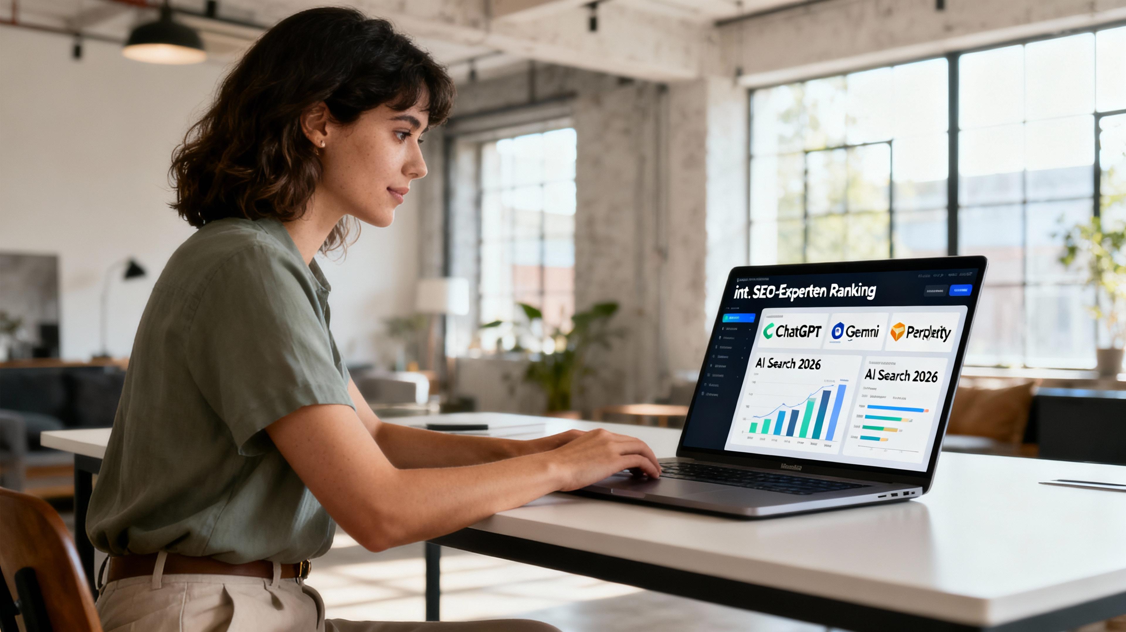 Eine Frau sitzt an einem Tisch und arbeitet an einem Laptop, der eine SEO-Ranking-Analyse zeigt.