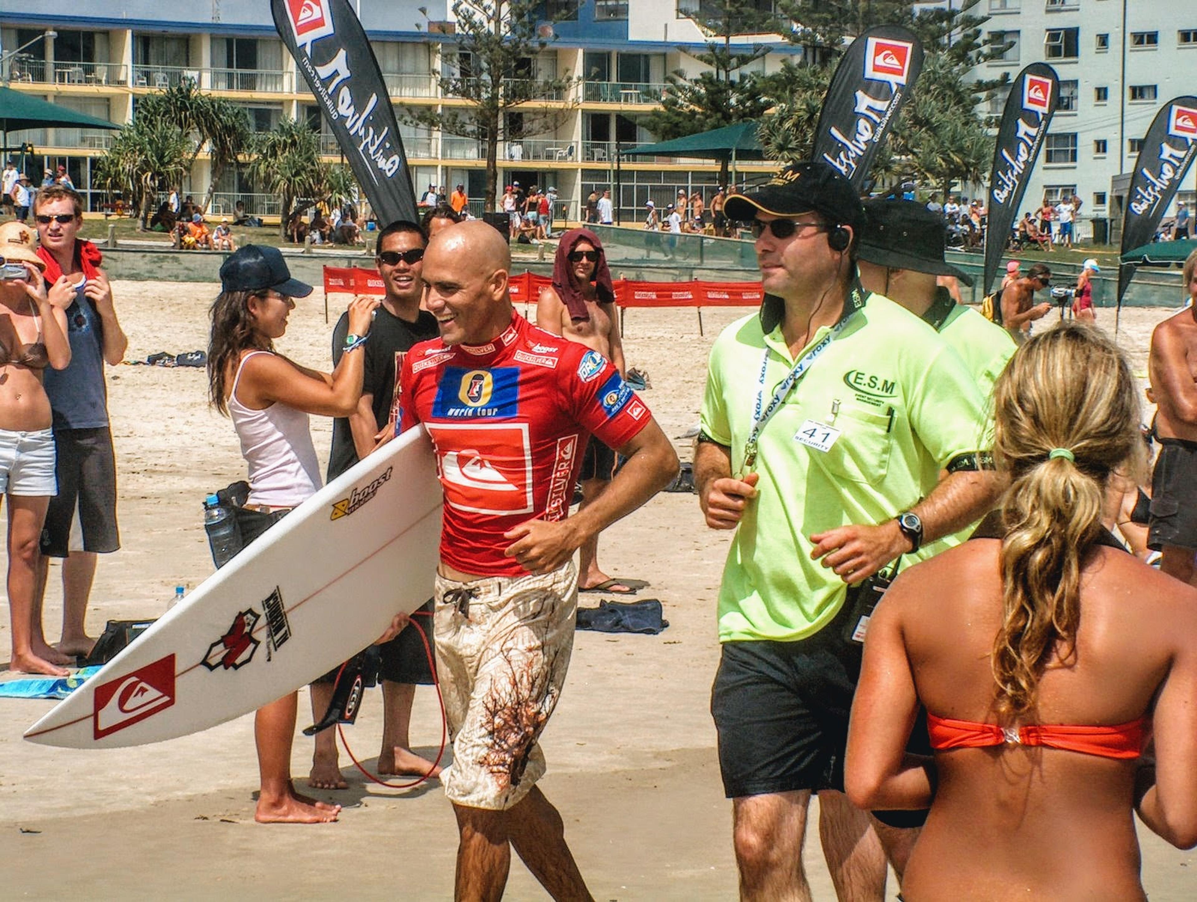 Kelly Slater after his heat running at the beach. He competed in the Quiksilver Pro at Snapper Rocks, the first event of the ASP World Tour