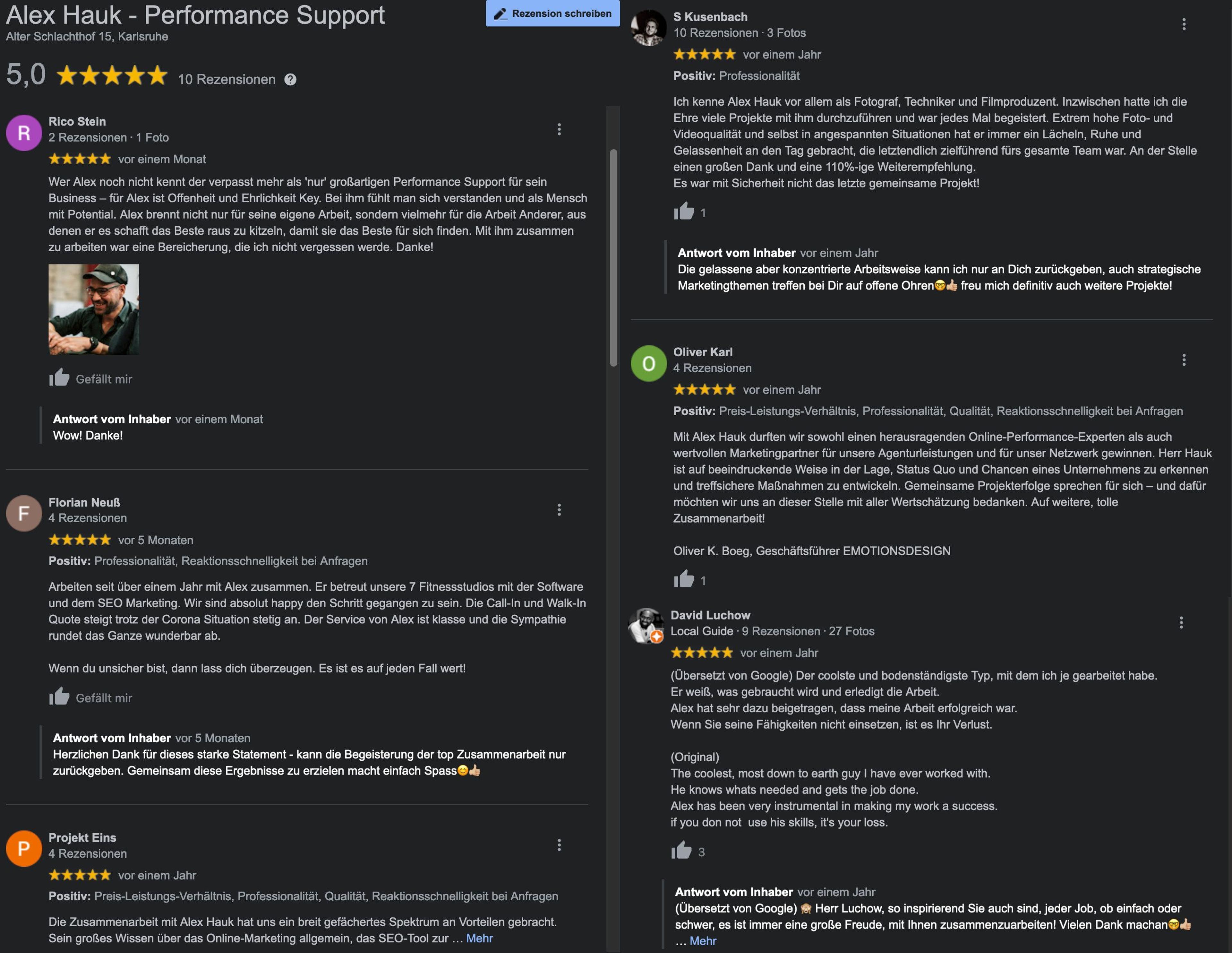 5 Sterne Google Bewertungen für Performance Support