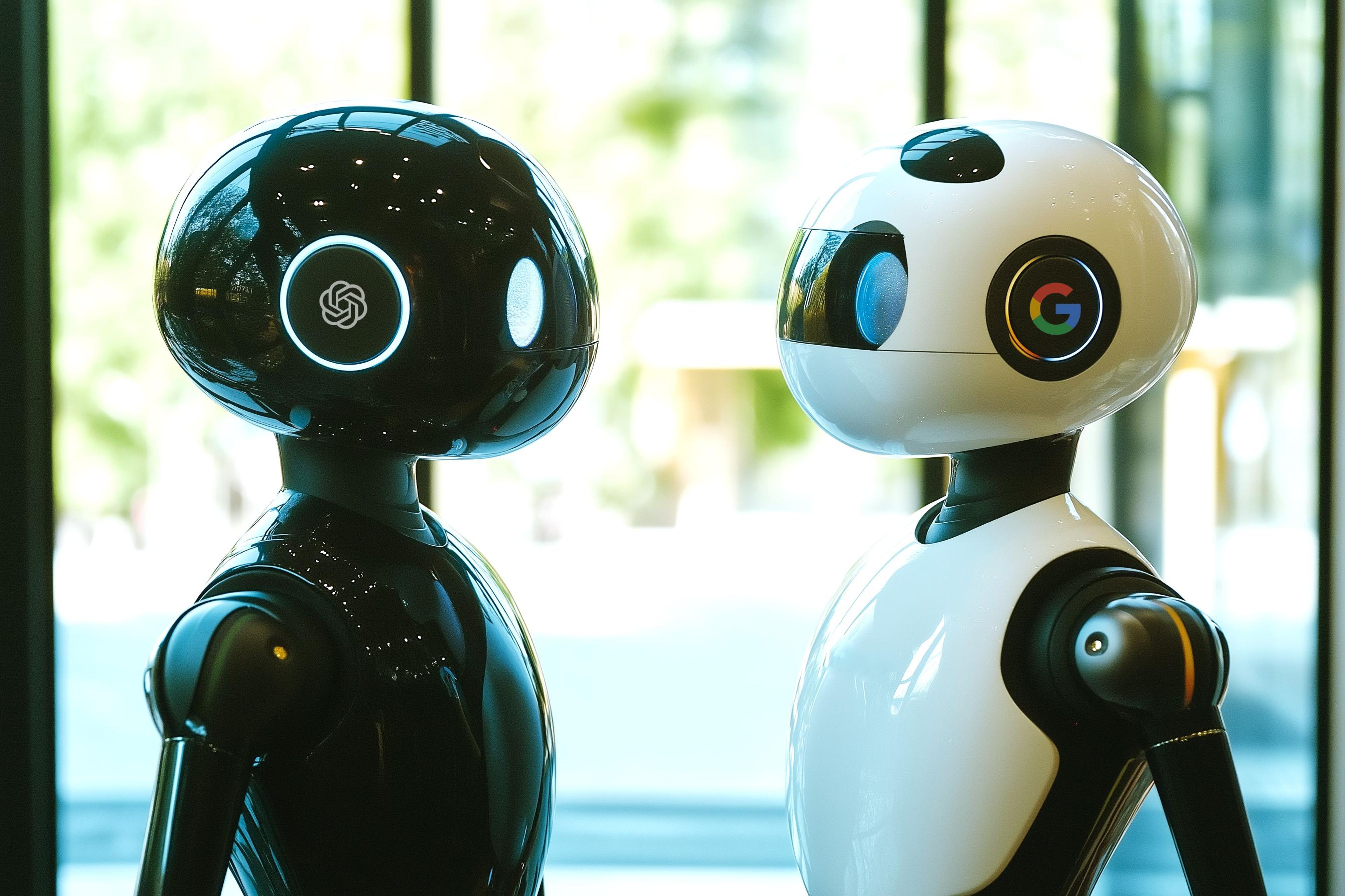 Ein schwarzer Roboter von Chat GPT steht gegenüber einem weißen von Google