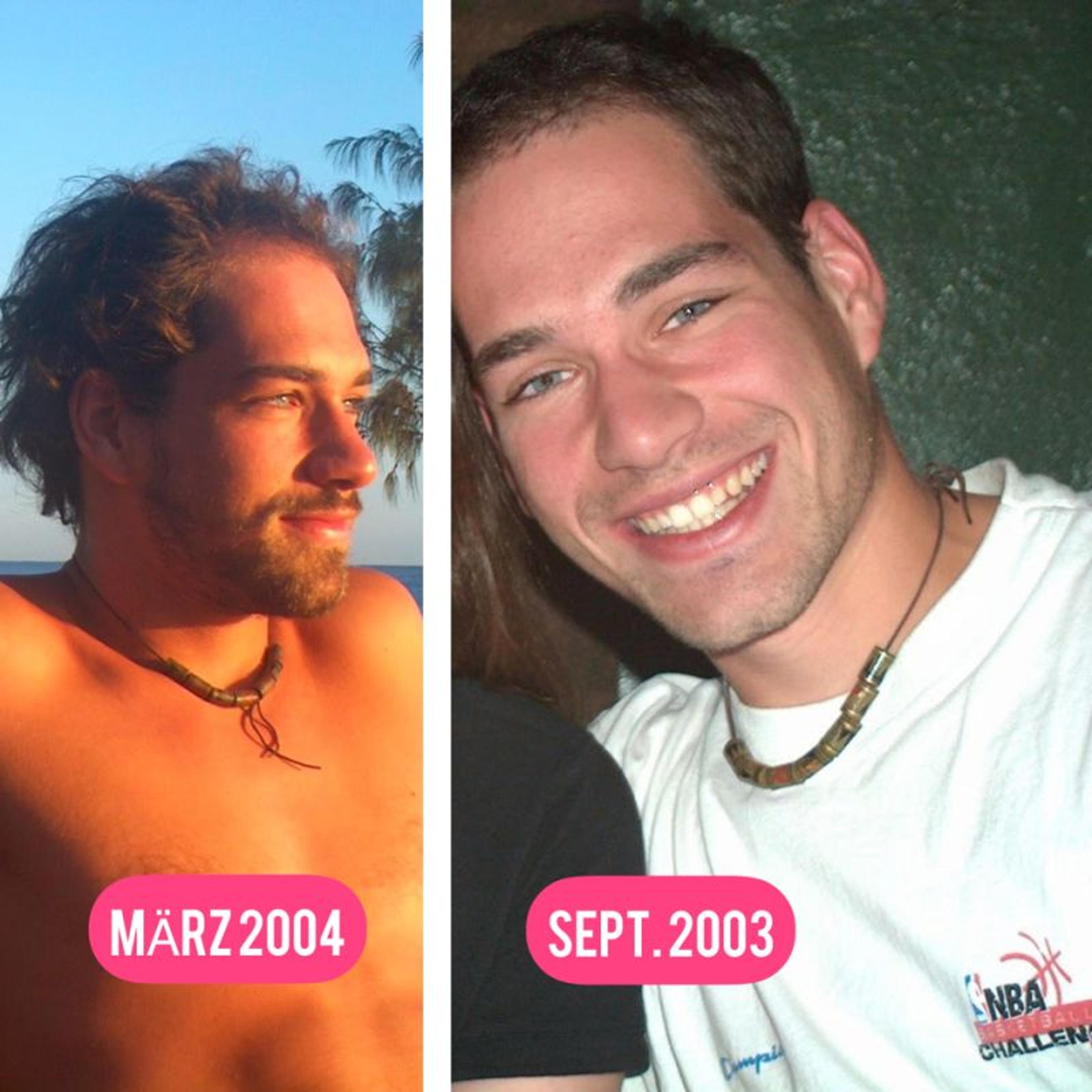 Zwei Porträtbilder von Alex Hauk, links im März 2004 am Strand mit Bart und rechts im September 2003 lächelnd in einem weißen T-Shirt.