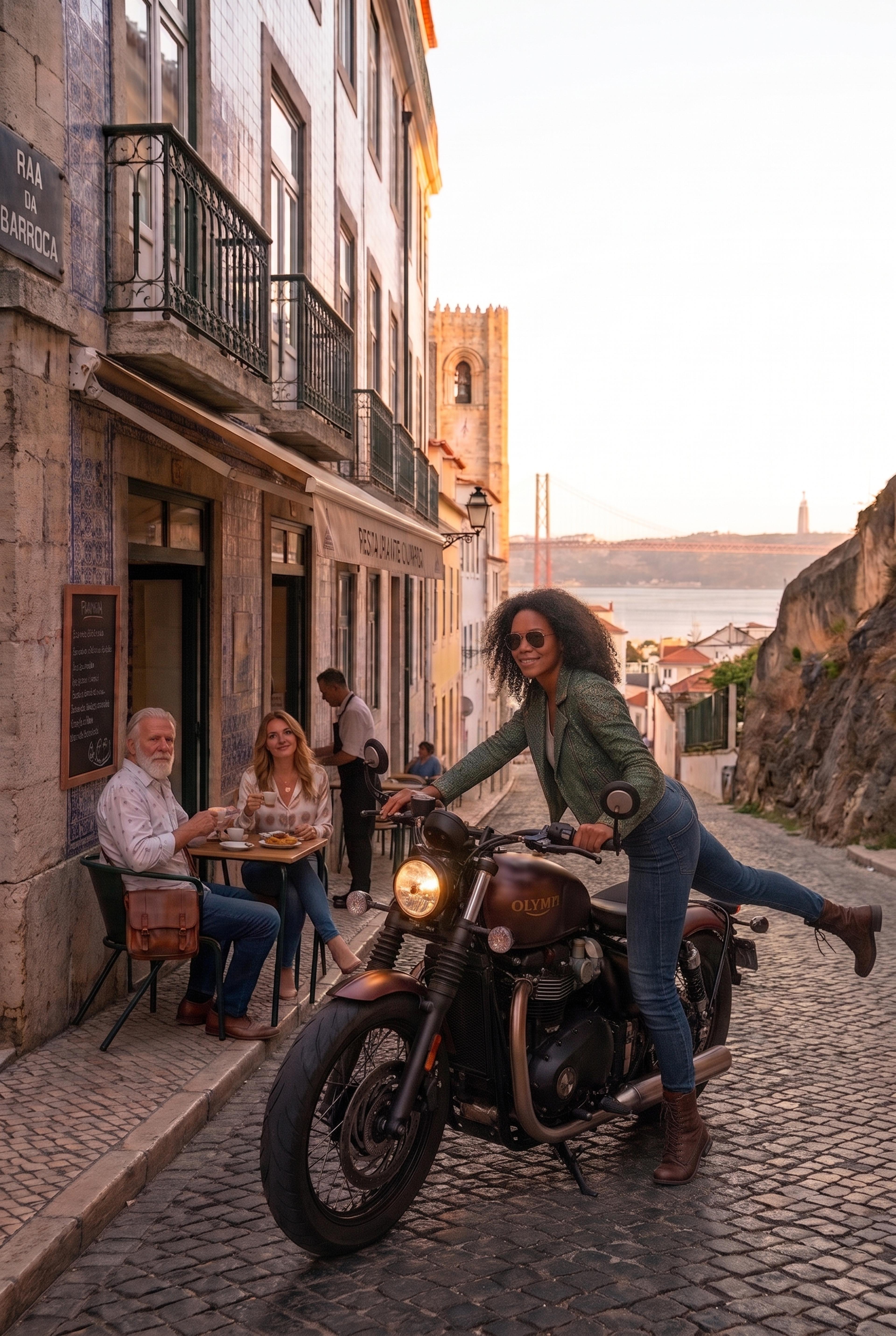 Athene auf Motorrad am Café