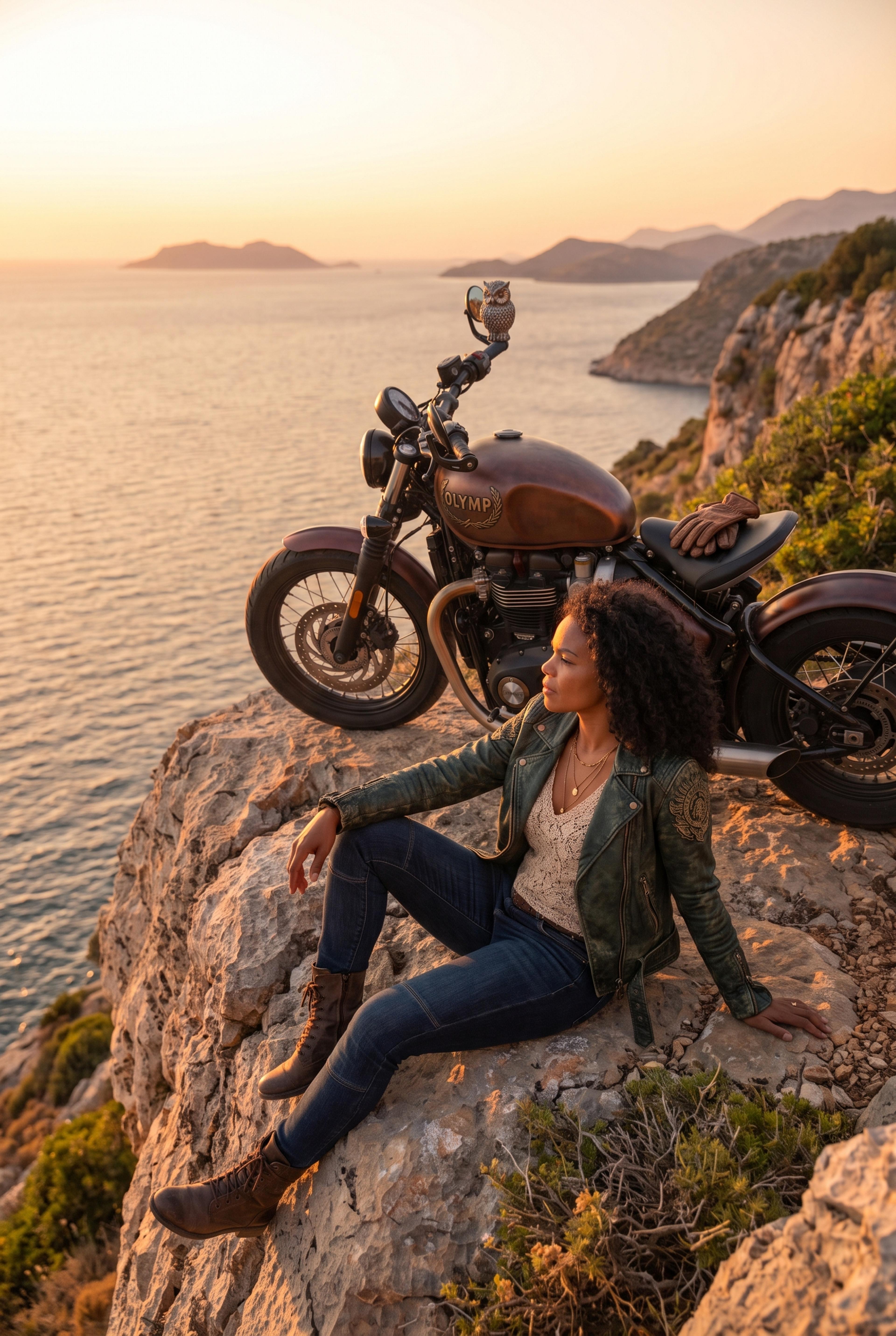 Athene macht Pause auf Klippe mit Motorrad [Ki generiert]