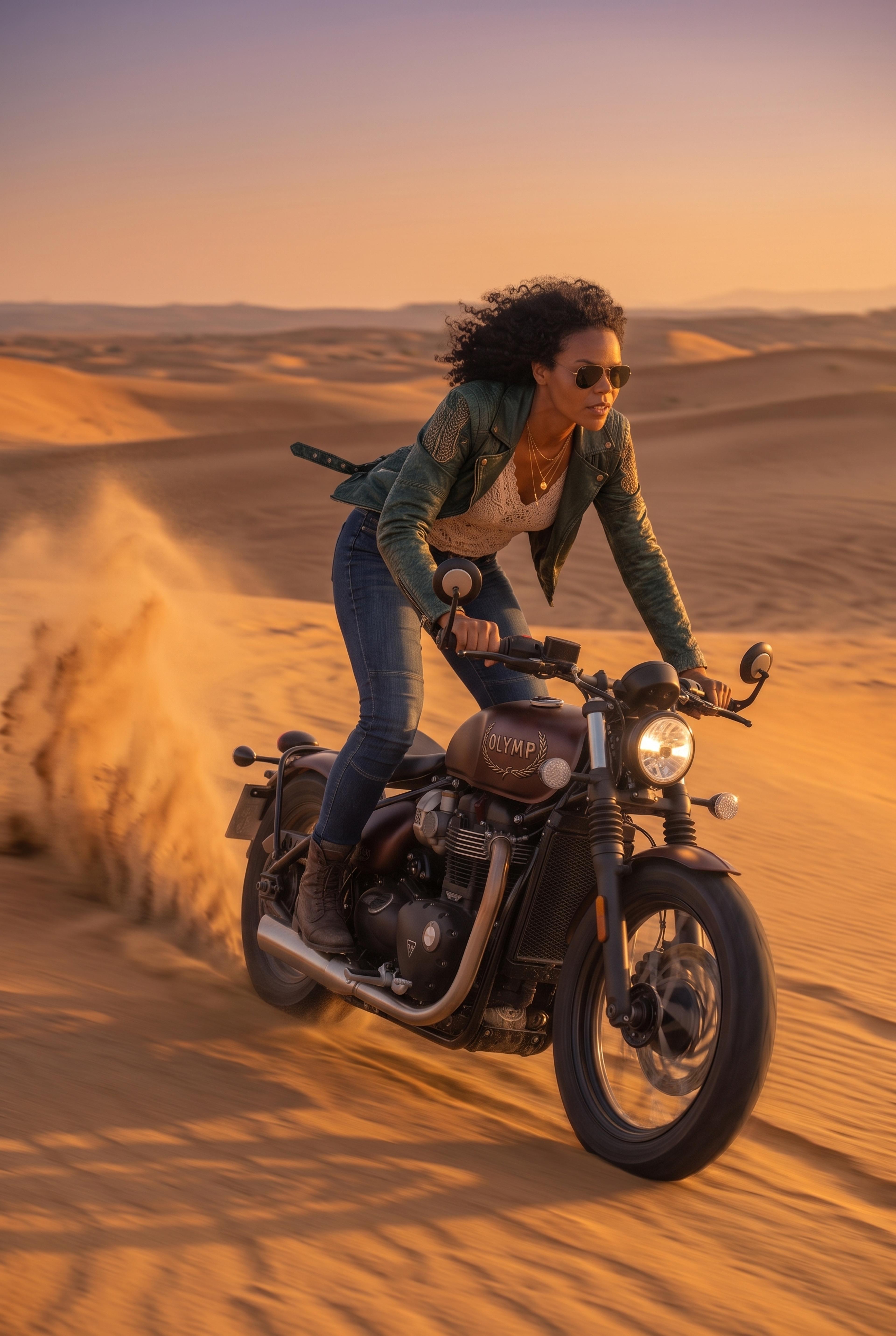 Athene in der Wüste auf Motorrad [Ki generiert]