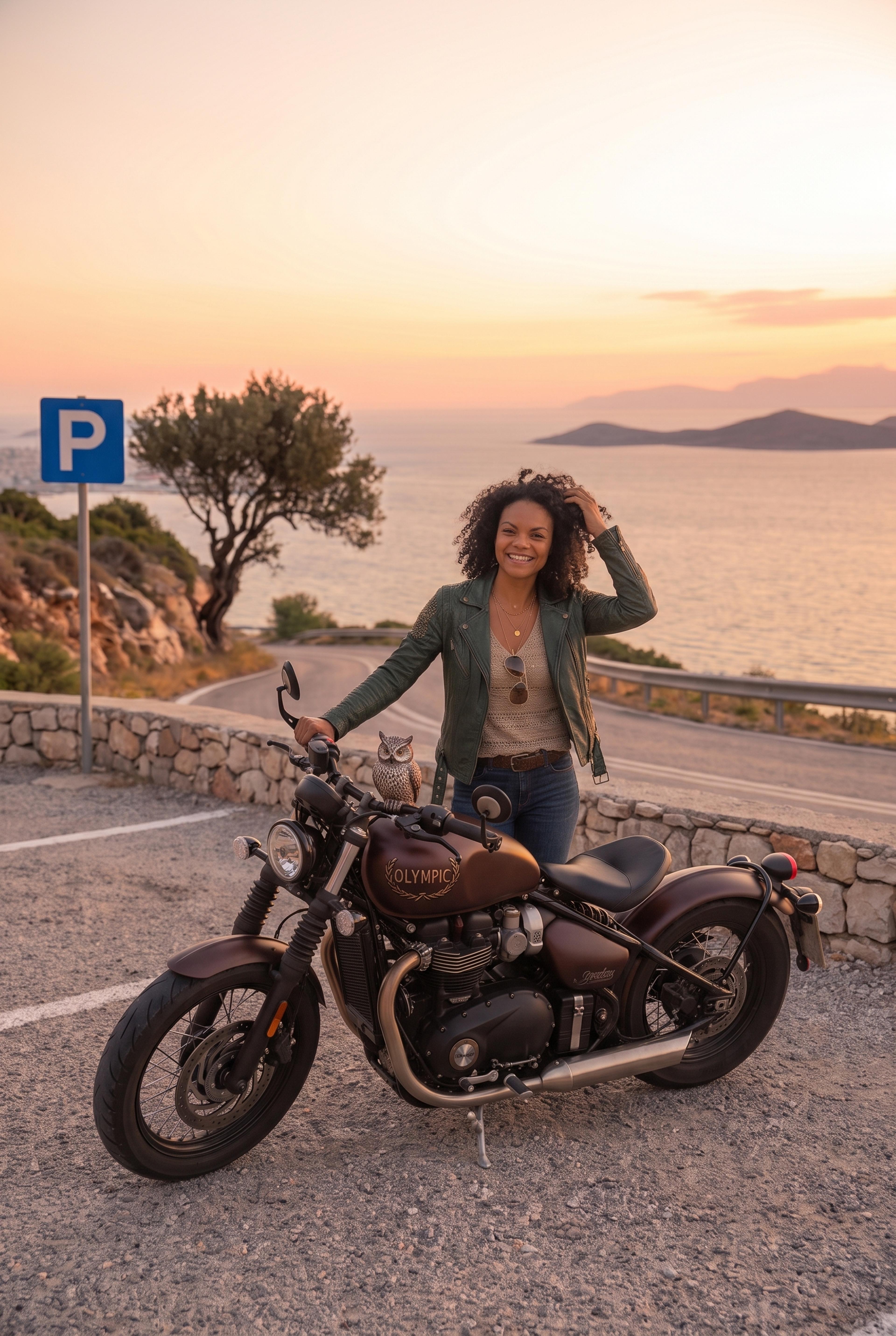 Athene macht Pause mit Motorrad [Ki generiert]