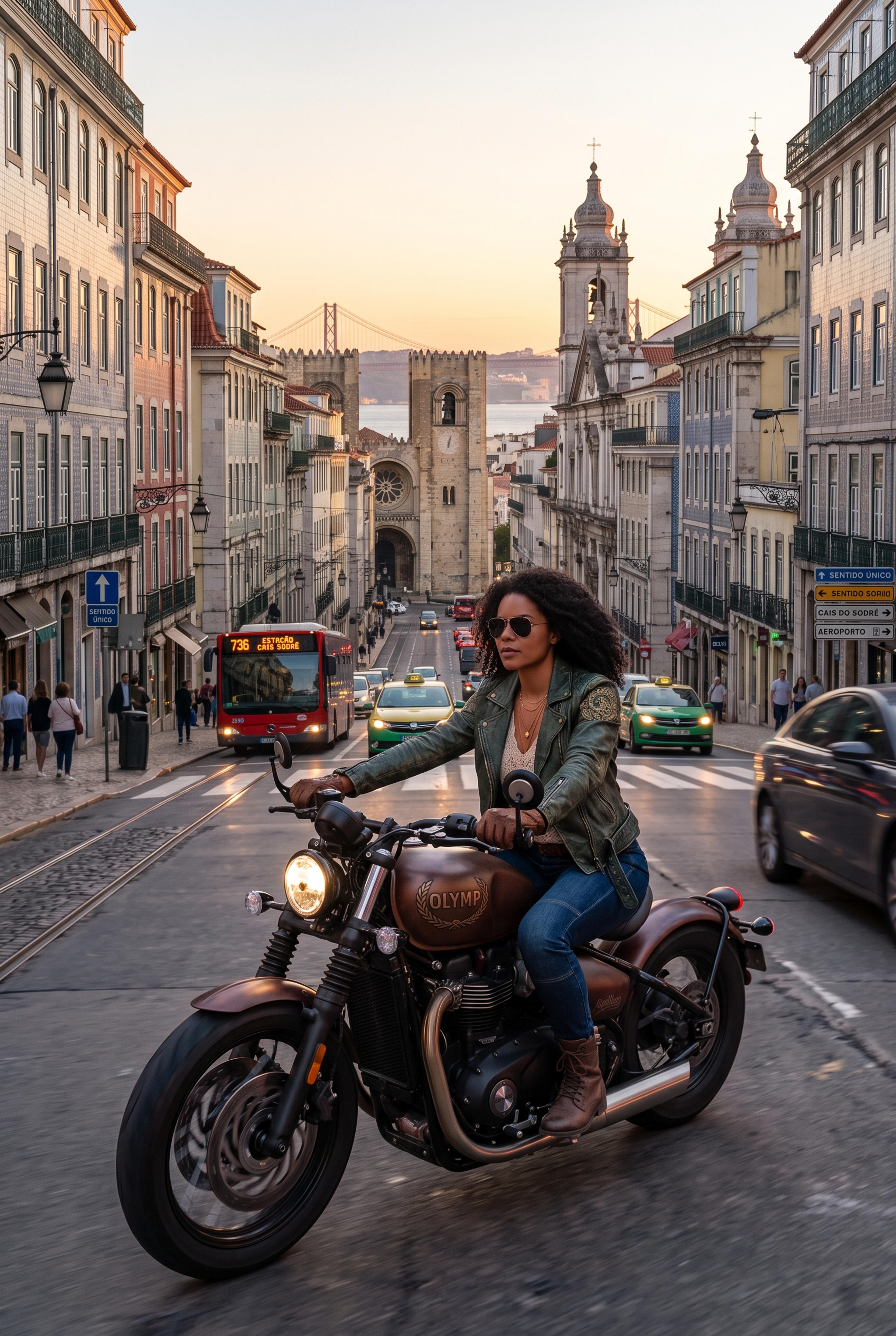 Athene auf Motorrad in Lissabon [Ki generiert]