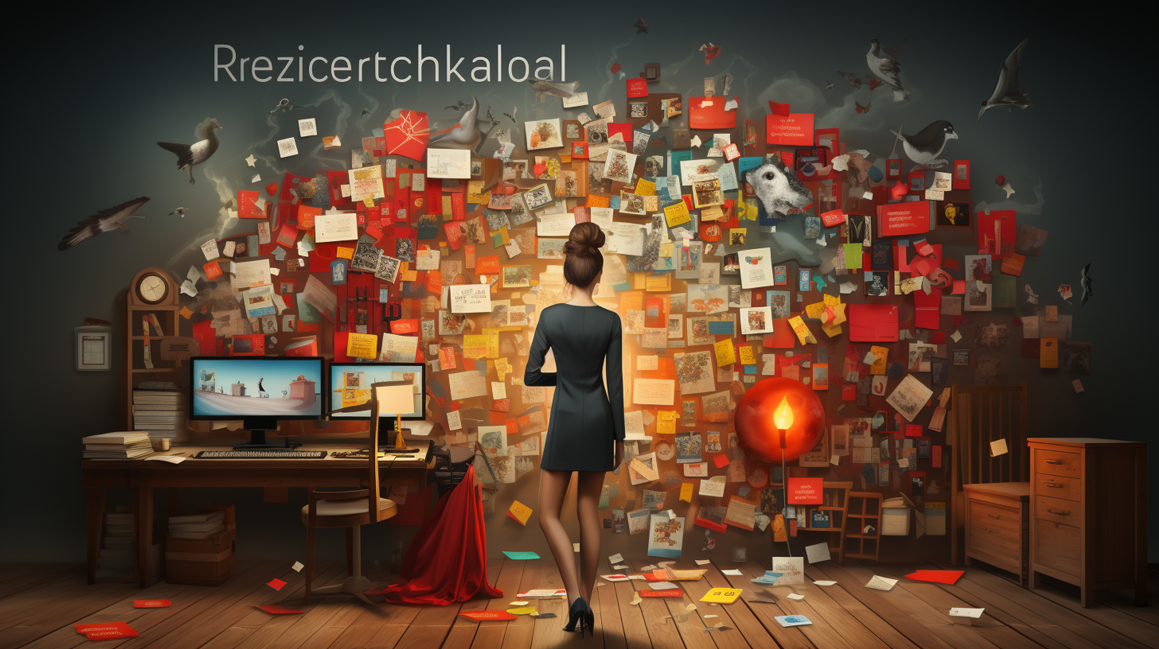 Prozess der Keyword-Recherche darstellt. Dabei könnten verschiedene Begriffe, eine Suchmaske und Tools wie der Google Keyword Planner visuell dargestellt
