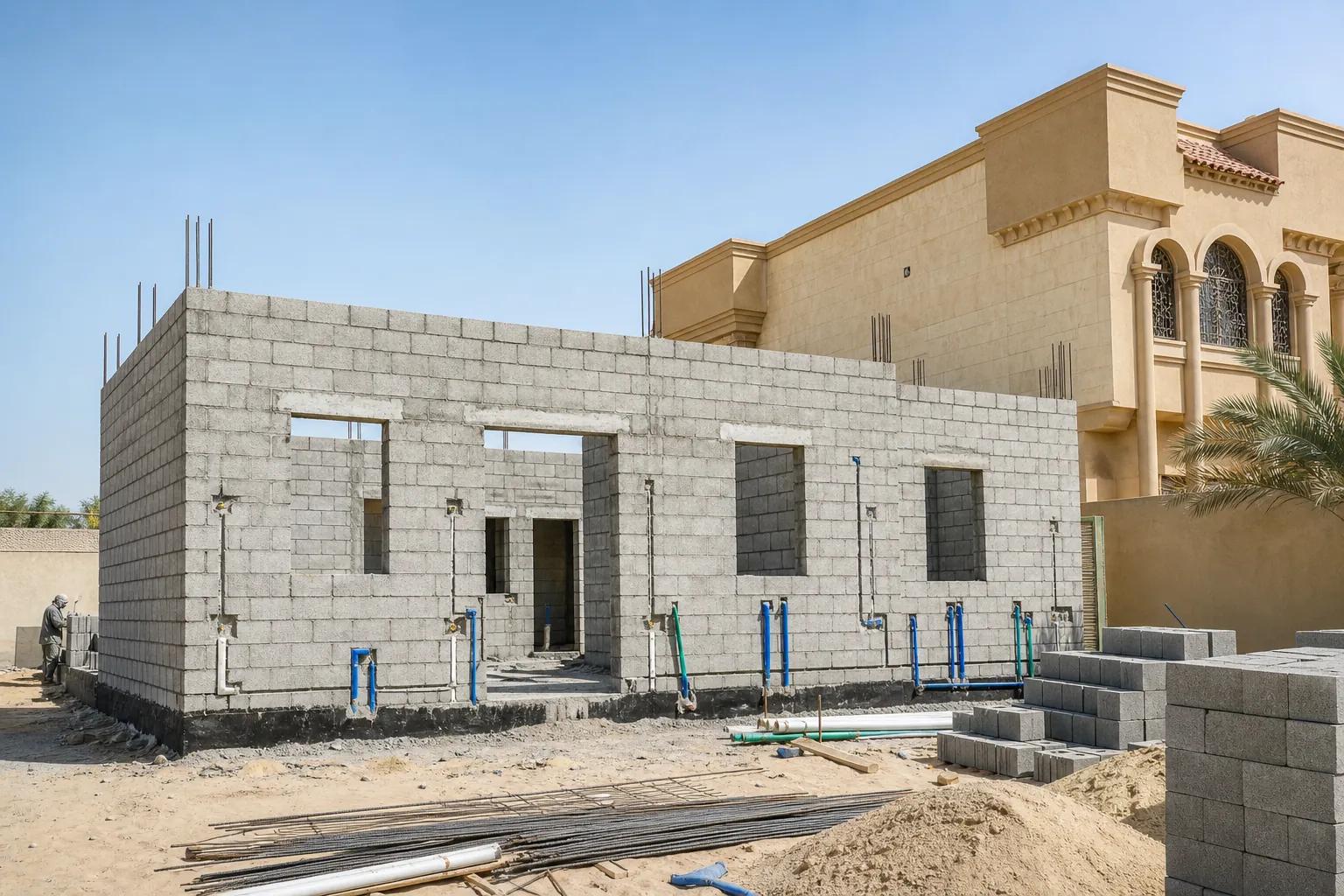 ملحق سكني تحت البناء بجوار فيلا مع فتحات وتمديدات مرتبة