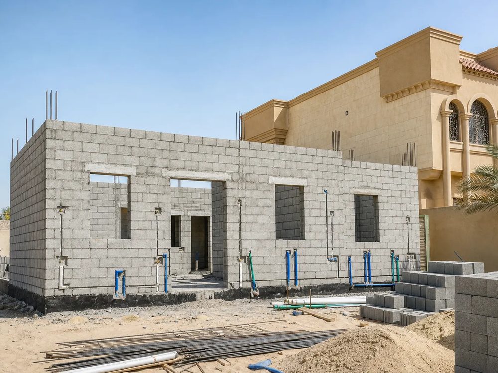ملحق سكني تحت البناء بجوار فيلا مع فتحات وتمديدات مرتبة