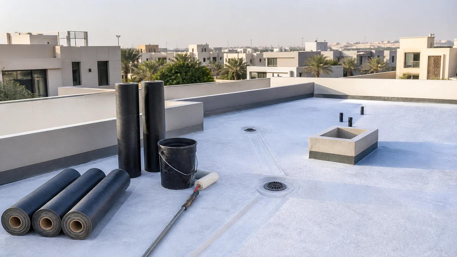 سطح فيلا سكنية مجهز بمصارف ومواد عزل مائي قبل التنفيذ