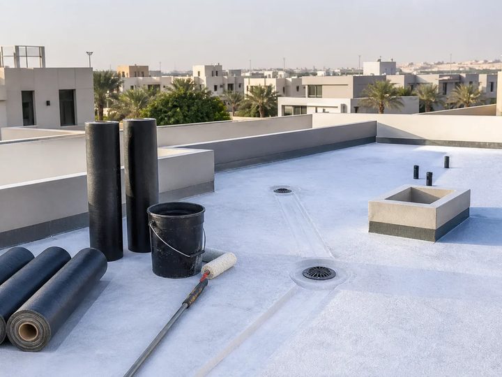سطح فيلا سكنية مجهز بمصارف ومواد عزل مائي قبل التنفيذ