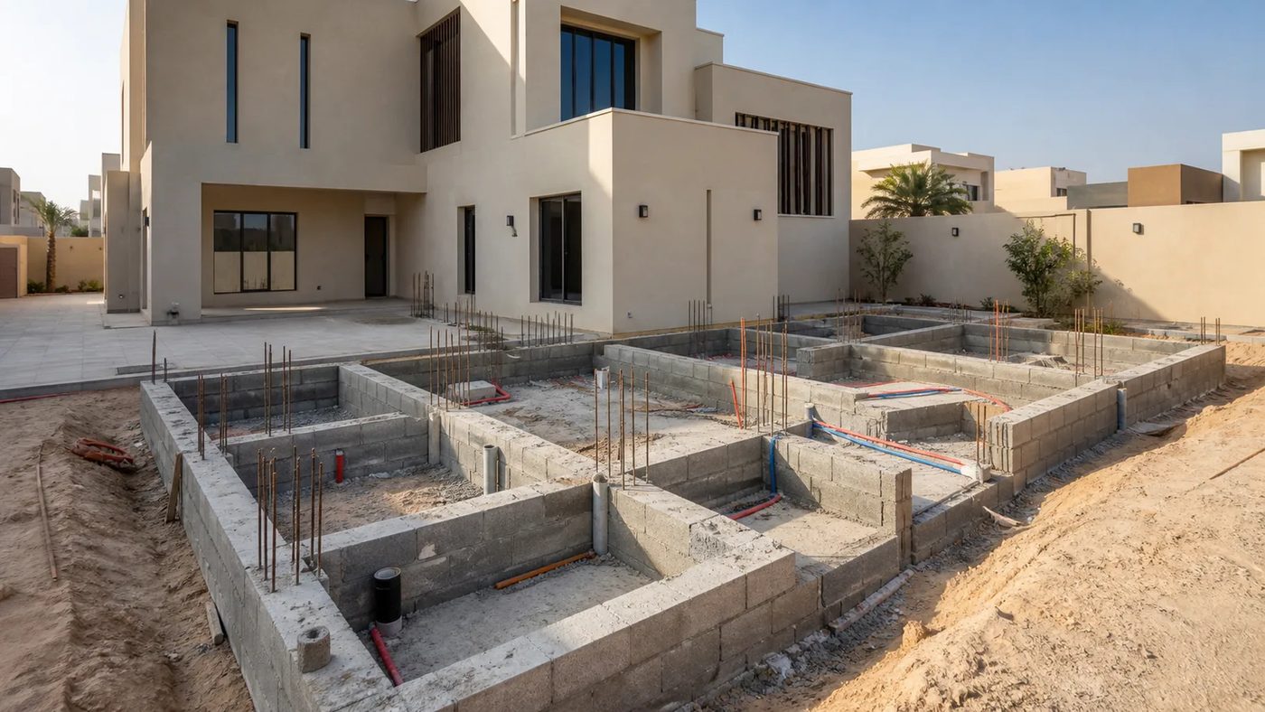 أساسات ومباني ملحق سكني بجوار فيلا مع مسارات خدمات ظاهرة قبل الإغلاق