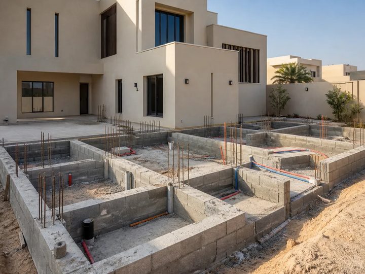 أساسات ومباني ملحق سكني بجوار فيلا مع مسارات خدمات ظاهرة قبل الإغلاق
