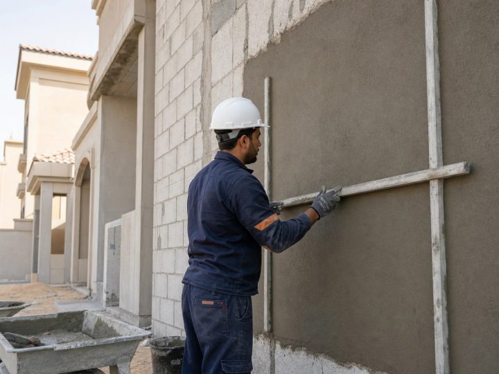 تنفيذ اللياسة وضبط استقامة جدار خارجي في مبنى سكني