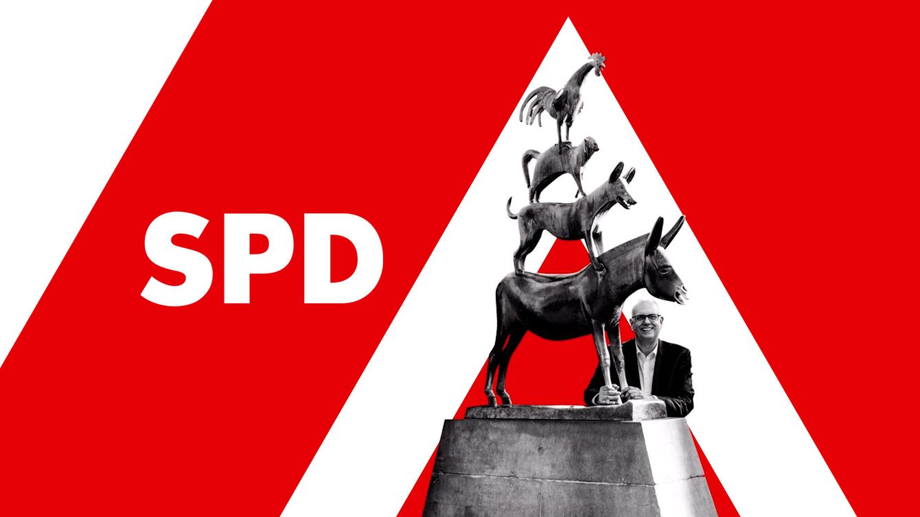 Statue der Bremer Stadtmusikanten, daneben Andreas Bovenschulte in einem Anzug, SPD-Logo auf rotem Hintergrund.