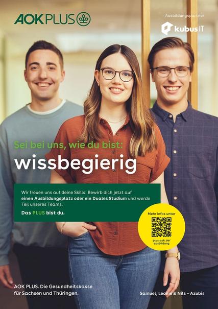 Anzeigenmotiv mit drei nebeneinandergereihten jungen und lächelnden Menschen. Zwei Männer und eine Frau dazwischen. Headline: sei bei uns wie du bist: wissbegierig.