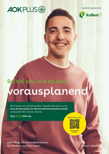 Anzeigenmotiv mit einem jungen lächelnden Mann. Headline: Sei bei uns wie du bist: vorausplanend.