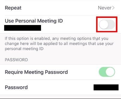iOS schedule meeting use personal meeting ID toggle