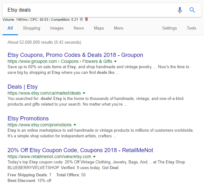 Performing a Google Search for deals on Etsy