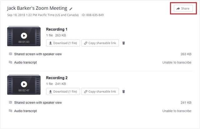 View sharing options for a cloud recording