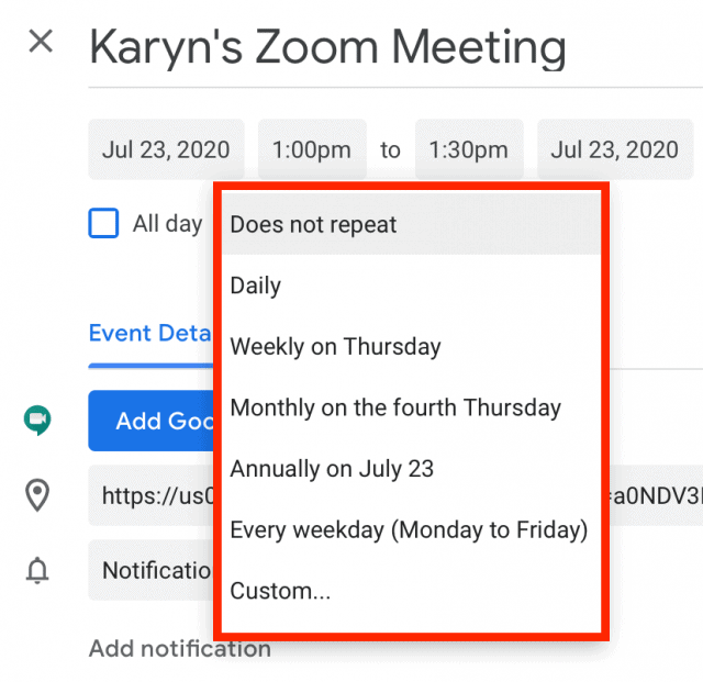 Google Calendar repeat options