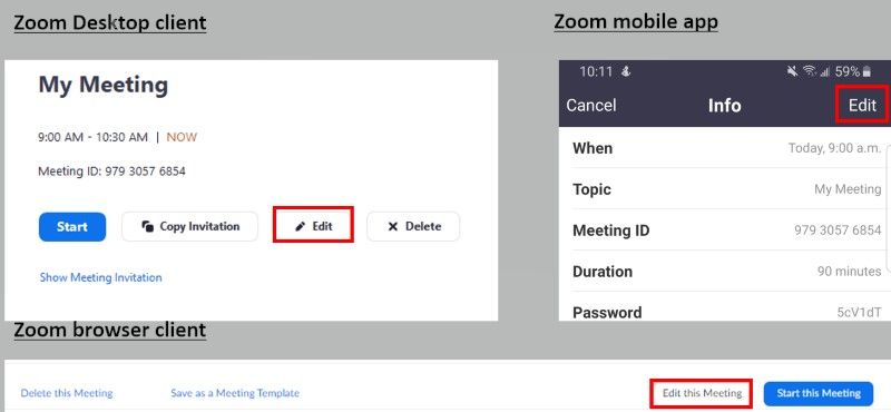 Zoom app clients with Edit meeting buttons