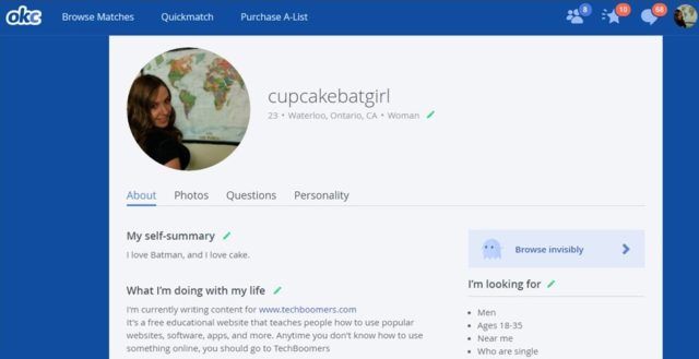 A screenshot of OkCupid.com