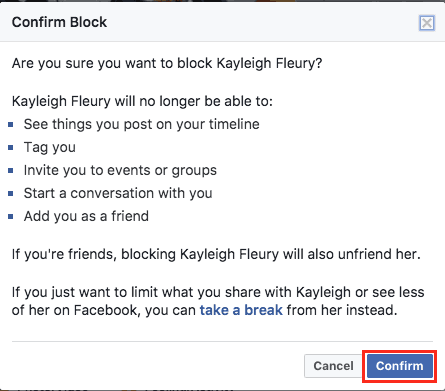 Confirm the blocking of a Facebook user