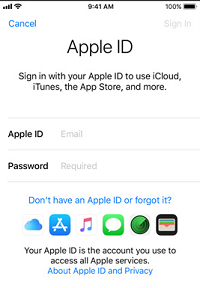 iCloud sign in screen