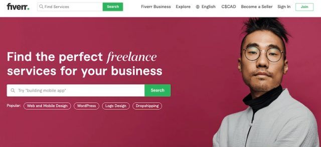 Fiverr homepage with maroon background