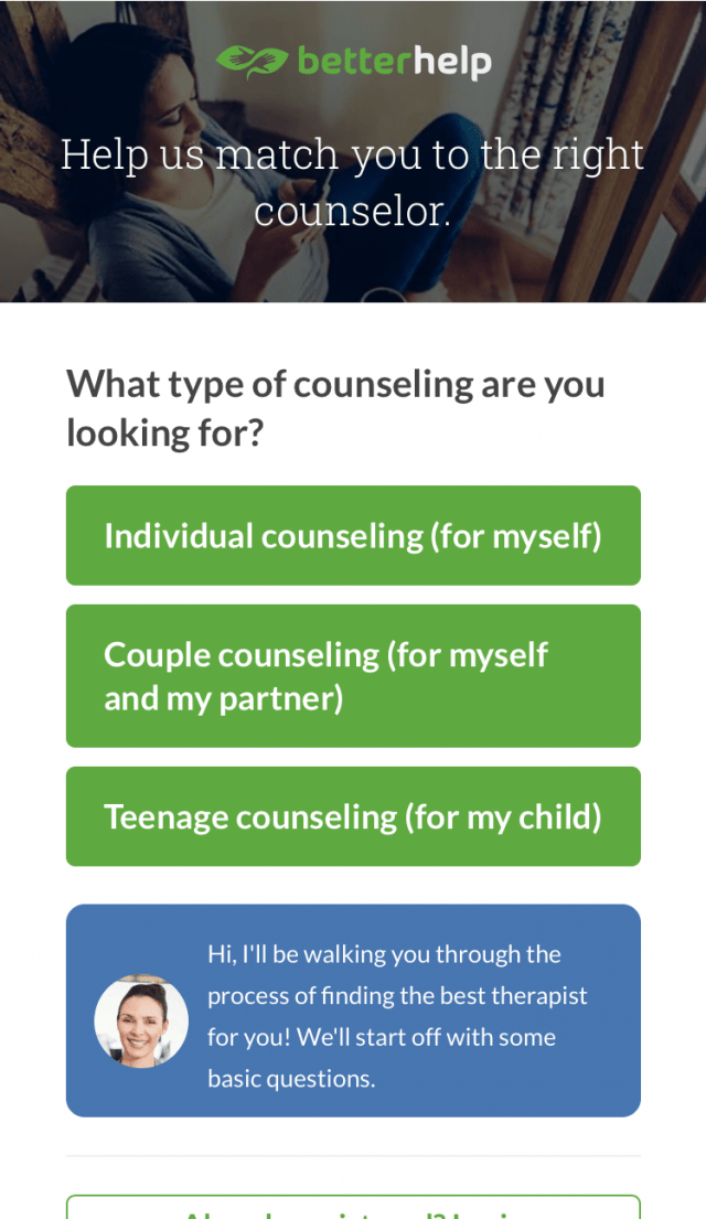 BetterHelp counseling type selection