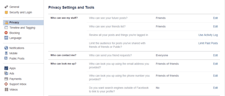 Facebook account privacy settings